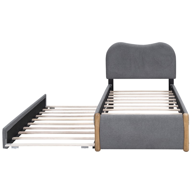 Twin Size Upholstered Platform Bed Frame with Wood Supporting Feet and Slatted, Pull-out Trundle Bed for Bedroom