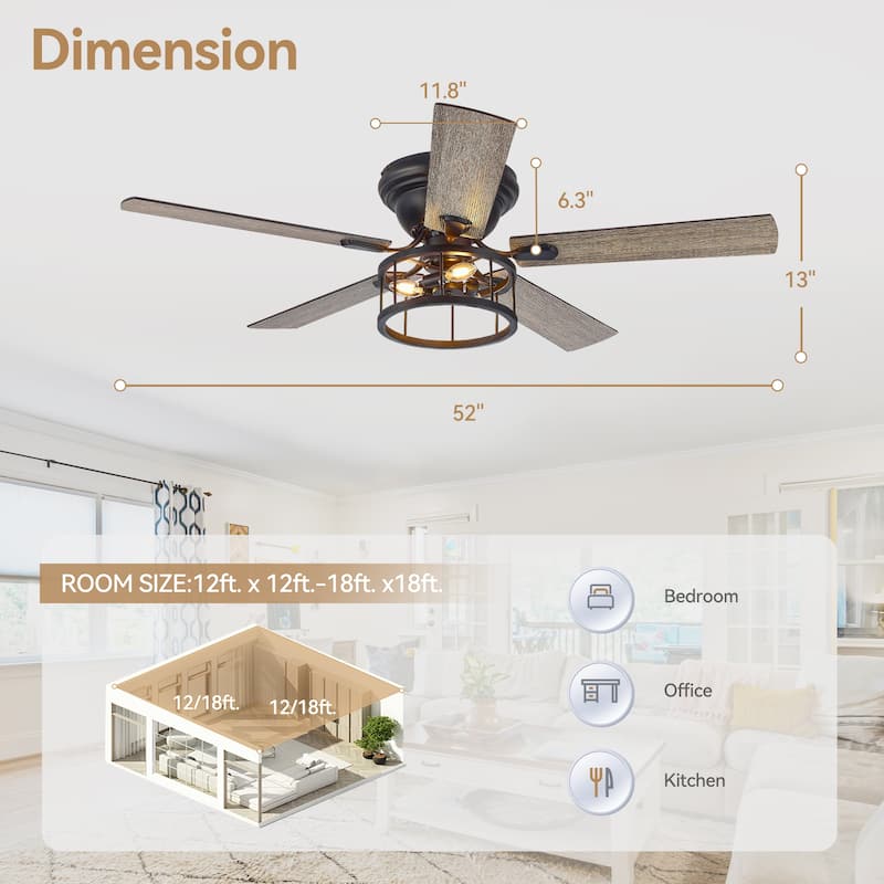 52 Inch Black Flush Mount Ceiling Fan with Lights Remote Control