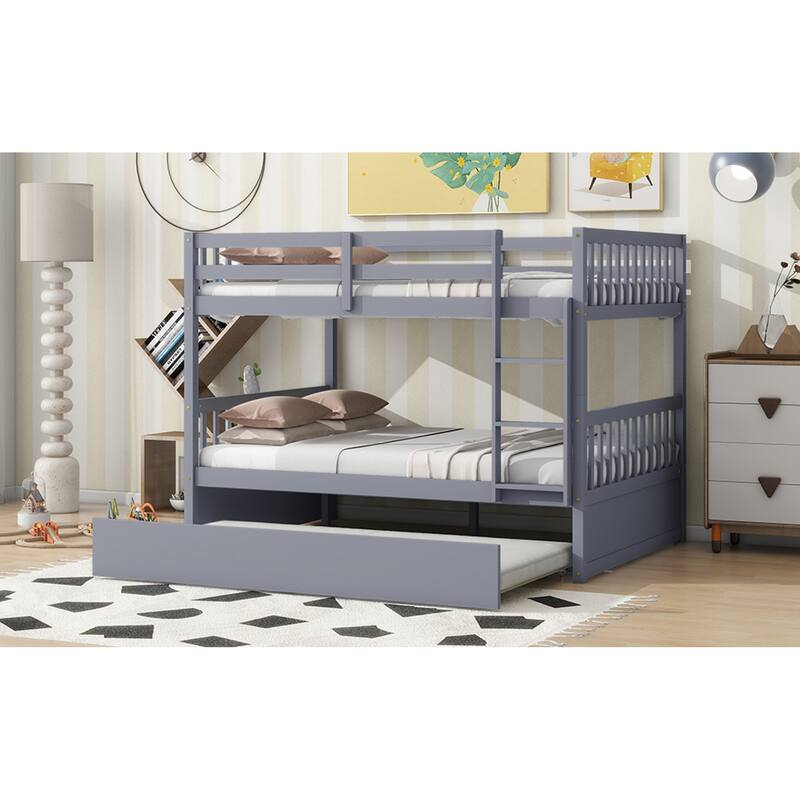 Roomfitters Full Over Full Rubber Wood Bunk Bed with Trundle, Convertible to Two Full Beds with Ladder and Guardrails
