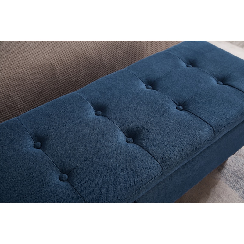 59" End of Bed Bench with Storage, Modern Linen Upholstered Entryway Ottoman Bench, Footrest Stool with Solid Wood Frame