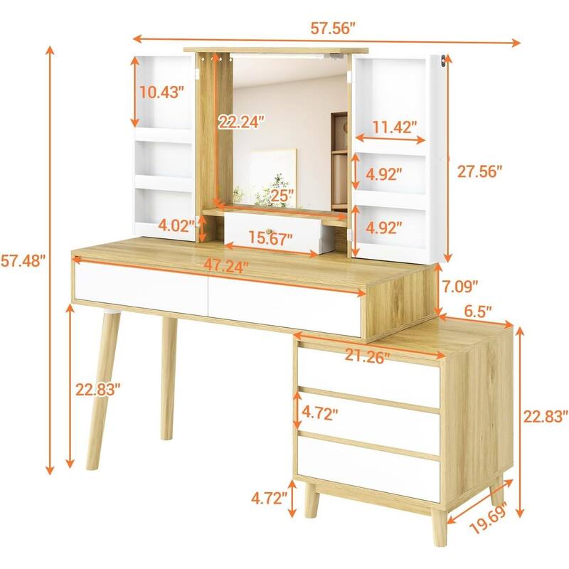 Dressing Makeup Vanity Table with 6 Drawers and Open Shelves for Bedroom