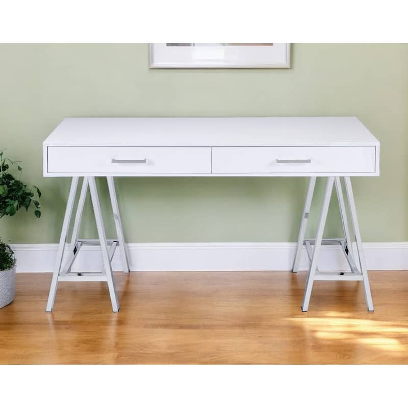 54" White Writing Desk With Two Drawers - White