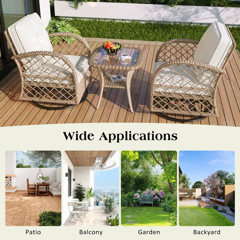 3-piece Outdoor Chair&Table Set Chat Set 2-person Rattan Seating Group with Two Swivel Chairs and a Square Table for Gar