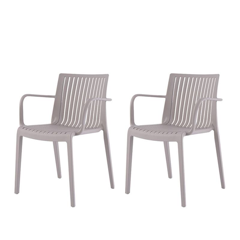 HomeRoots Set of Two Taupe Heavy Duty Plastic Outdoor Stacking Arm Chairs