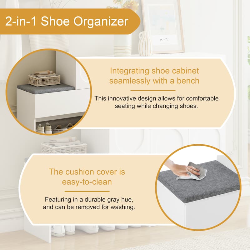 Elegant 2-in-1 Shoe Cabinets with Soft Cushion, Modern Storage Bench with Rebound Devices & Adjustable Shelves
