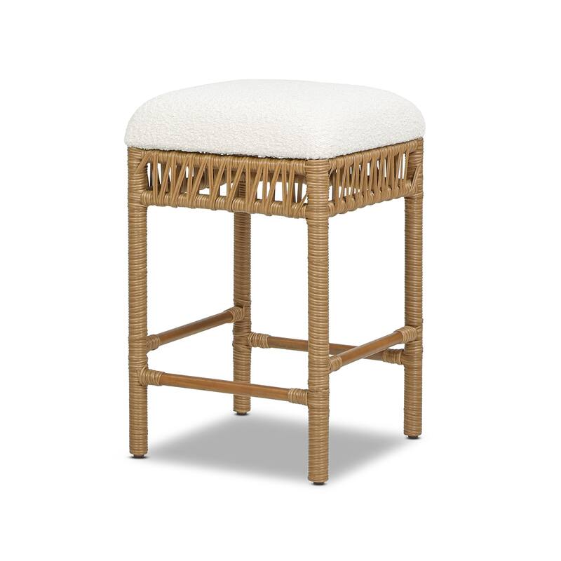 Lucia 25.5" Boucle Wood and Resin Rattan Backless Counter Stool
