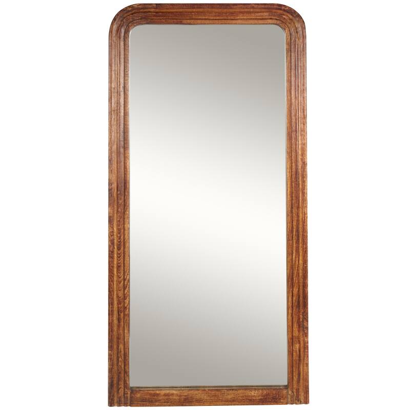 Brown Mango Wood Distressed Room Floor Mirror with Carved Grooves and Natural Wood Grain
