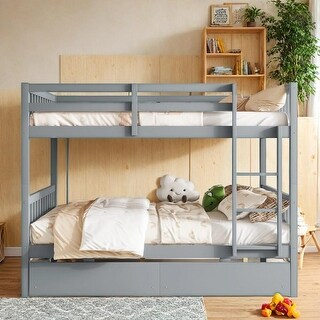 Full Over Full Rubber Wood Bunk Bed with 2 Drawers, Detachable Beds