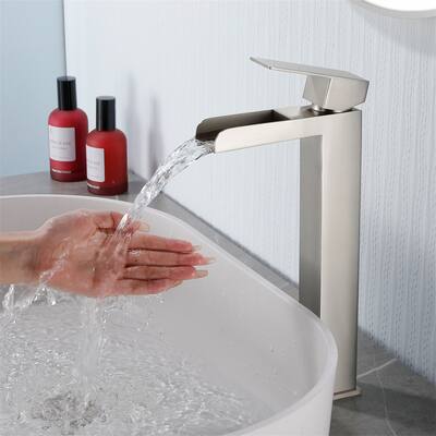 Waterfall Single Handle Bathroom Vessel Sink Faucet with Pop-up Drain 304 Stainless Steel 1 Hole High Tall Basin Vanity Taps