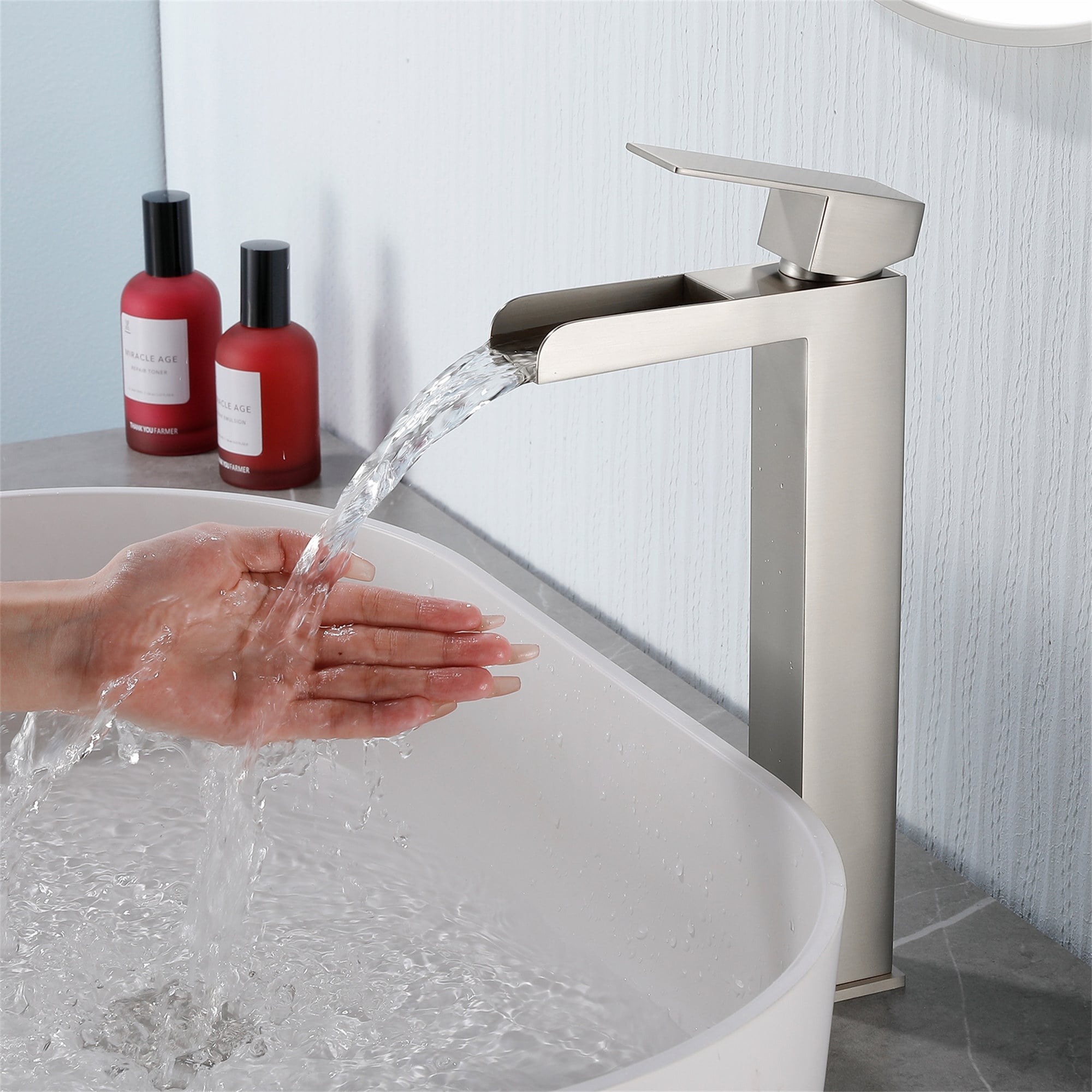 Waterfall Single Handle Bathroom Vessel Sink Faucet with Pop-up Drain 304 Stainless Steel 1 Hole High Tall Basin Vanity Taps
