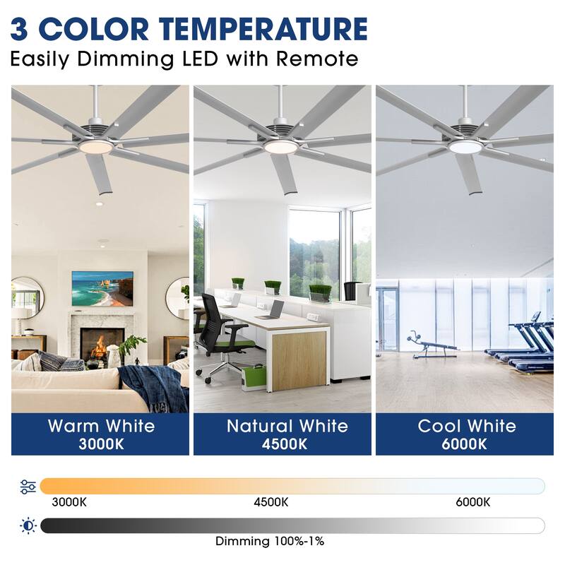 100" Indsutrial Silver Extra Larger Commercial Ceiling Fan with Light and Remote