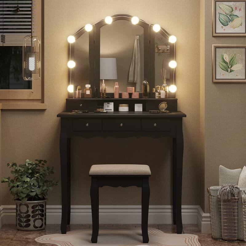 Vanity Desk Set Makeup Vanity Lighted Tri-fold Mirror and Stool