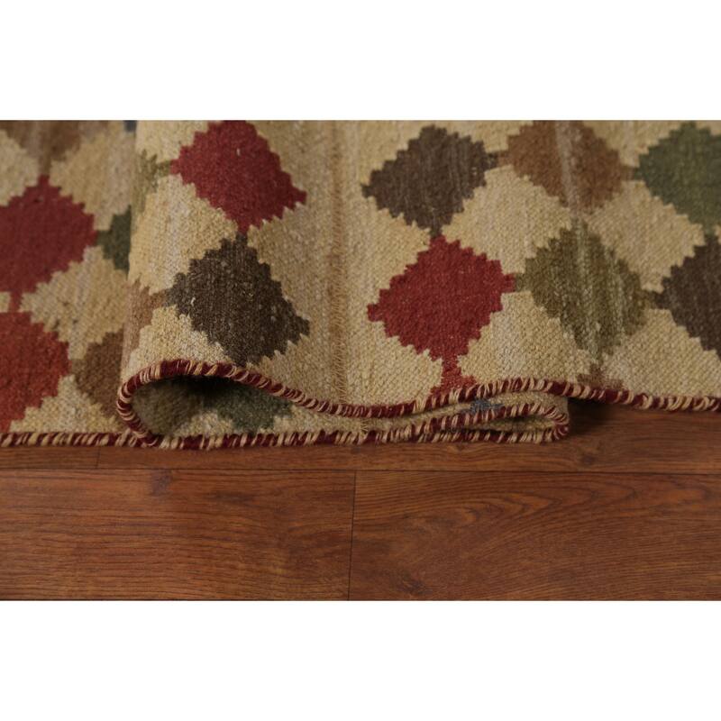 Geometric Kilim Oriental Area Rug Flatweave Beige / Ivory Wool Carpet - 7'8"x 10'0"