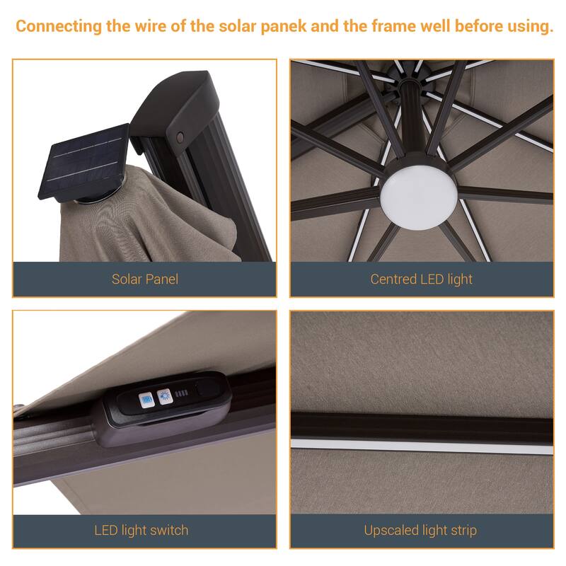 LIVOOSUN 11Ft LED Patio Hanging Octagon Cantilever Umbrella with 360-degree Rotating Canopy