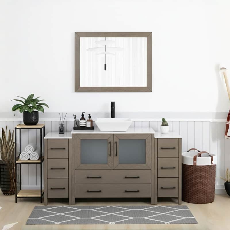 Vanity Art 60-inch Single Sink Bathroom Vanity Set With Engineered Marble Top and Free Mirror - 60 x 18.5 x 36 Inches - Driftwood Gray