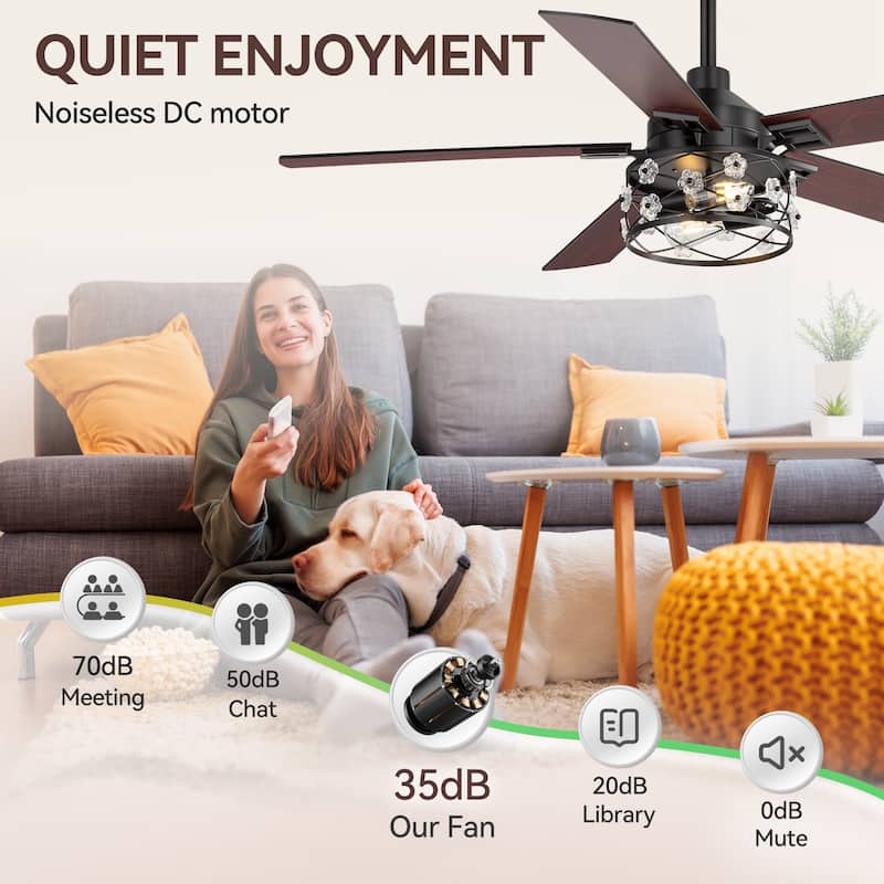 52" Reversible 5-Blade Farmhouse Glam Floral Glass Caged Ceiling Fan with Light and Remote
