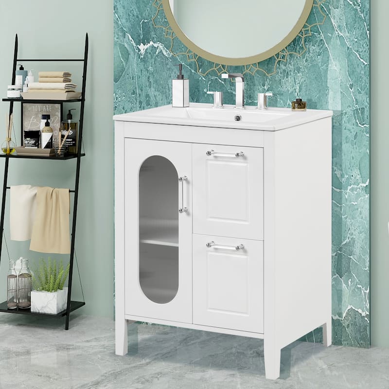 24" Bathroom Vanity with Sink, Bathroom Vanity Cabinet with Two Drawers and Door, Adjustable Shelf, Solid Wood and MDF - White