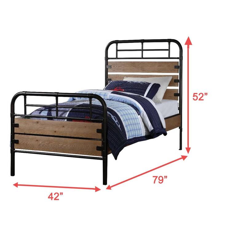 Twin Size Metal Bed Frame with Wood Headboard - Black Brown Slat Support Bed