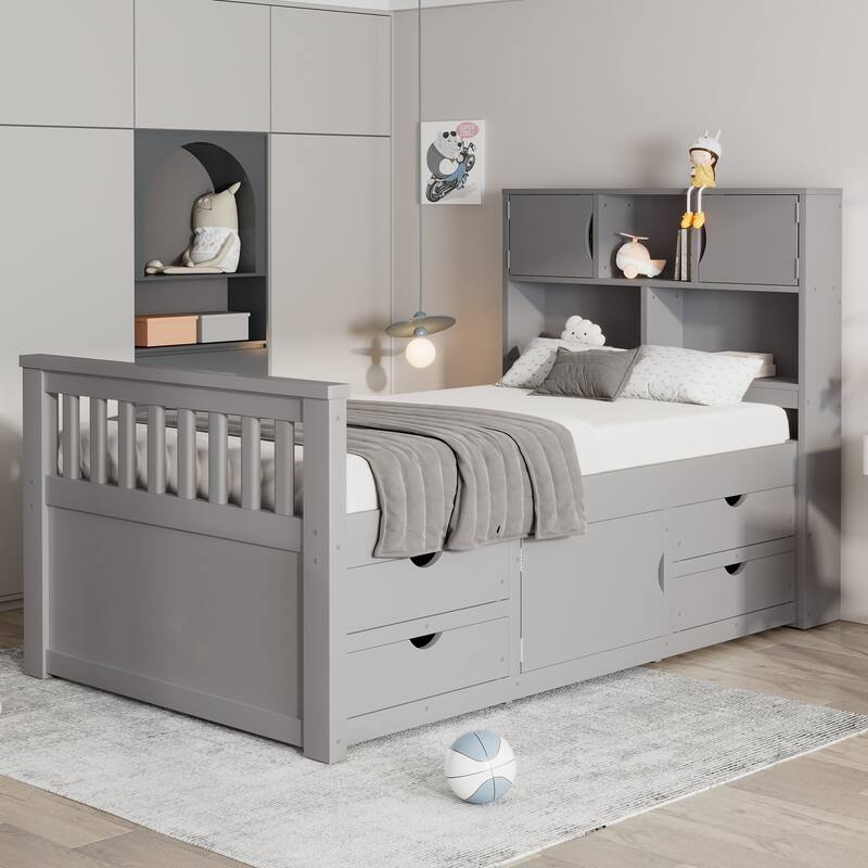 Roomfitters Twin Captain Platform Bed with Bookshelf Headboard and 4 Drawers - Gray - Twin