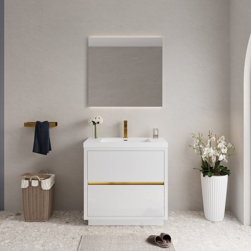 Freestanding Bathroom Vanity with White Stone Resin Top - Glossy White - 35.43'' x 19.69'' x 35.43''