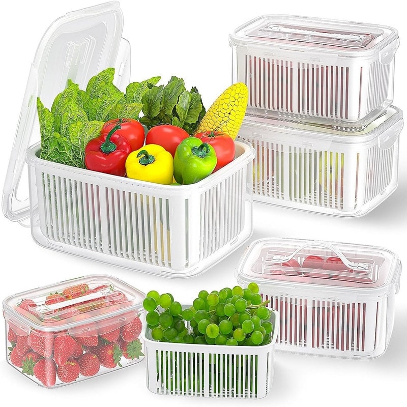 5 PCS Fruit Storage Containers for Fridge with Removable Colanders,  Airtight fridge organizer and storage, Dishwasher Safe Produce Saver for