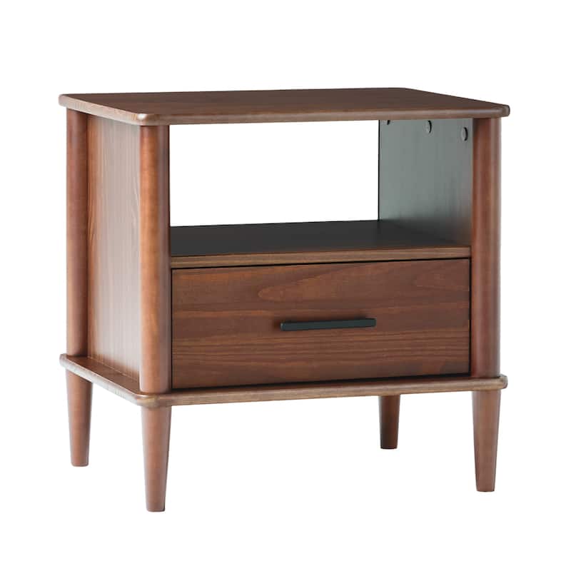 Classic Wooden Nightstand, Sofa Side Table with 1 Drawer, Decorative Table with Open Partition and Solid Wood Legs - Walnut
