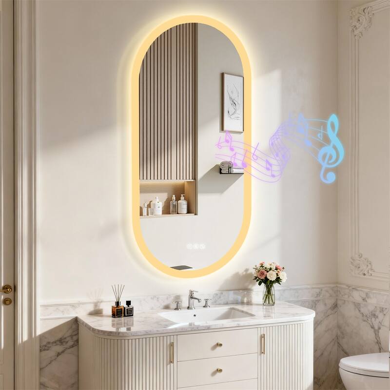 Oblong Bluetooth Led Lighted Bathroom Makeup Mirror Tempered Glass Backlit Vanity Mirror