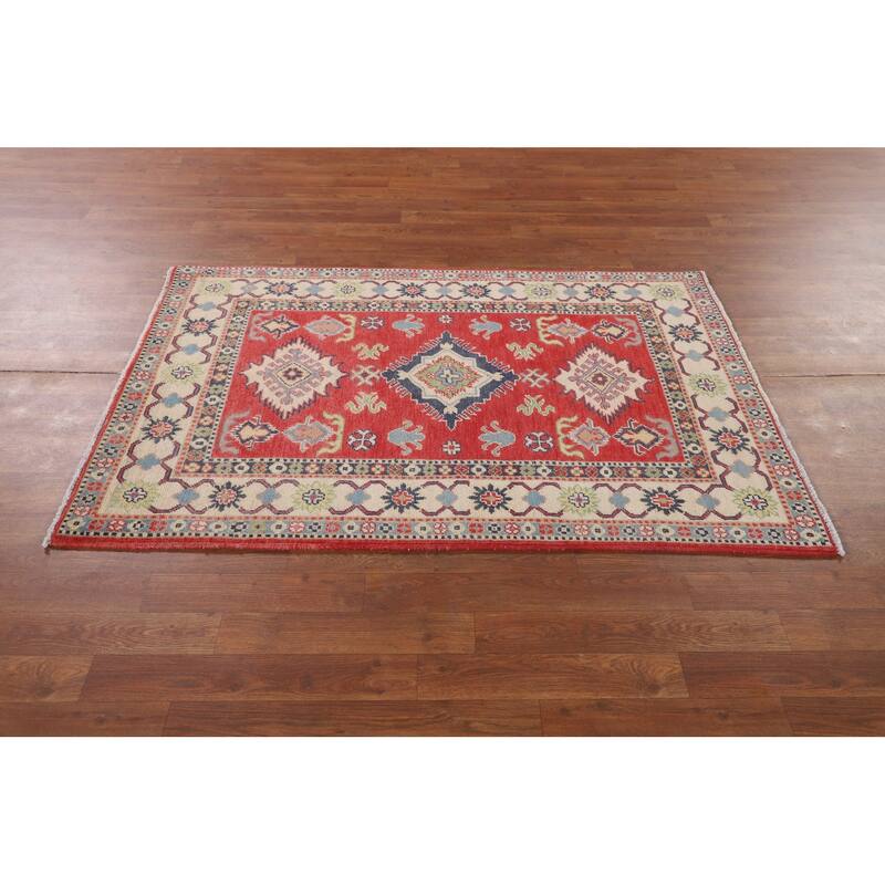 Geometric Kazak Accent Rug Handmade Red Wool Carpet - 3'4" x 5'0"
