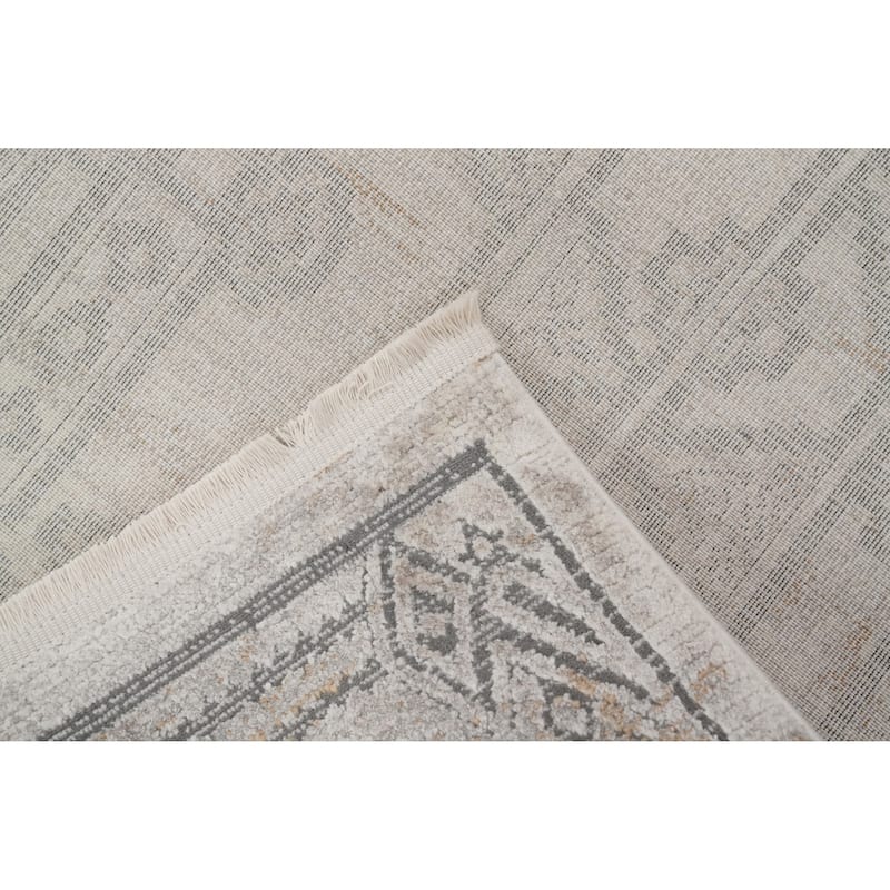 Machine Made Oriental Polyester Carpet Geometric Greys & Charcoal Distressed Area Rug - 7' 5'' X 5' 2''