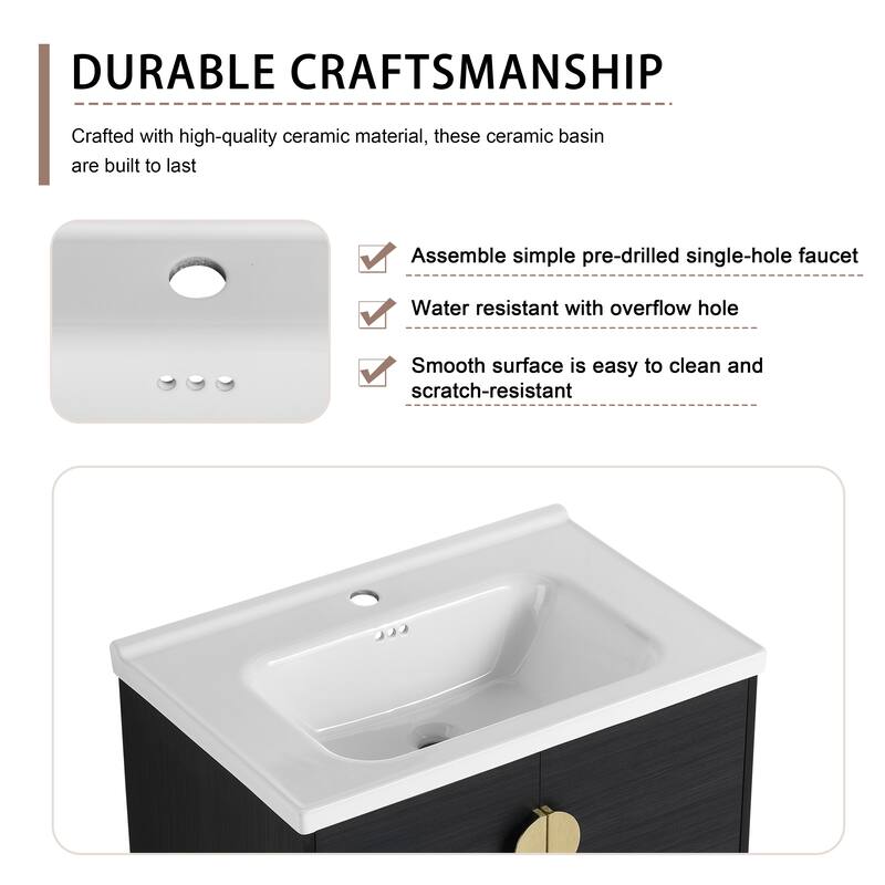 28" Floating Bathroom Vanity with Ceramic Sink, Soft-Close Doors, Wall-Mounted Side Cabinet, Black Chestnut