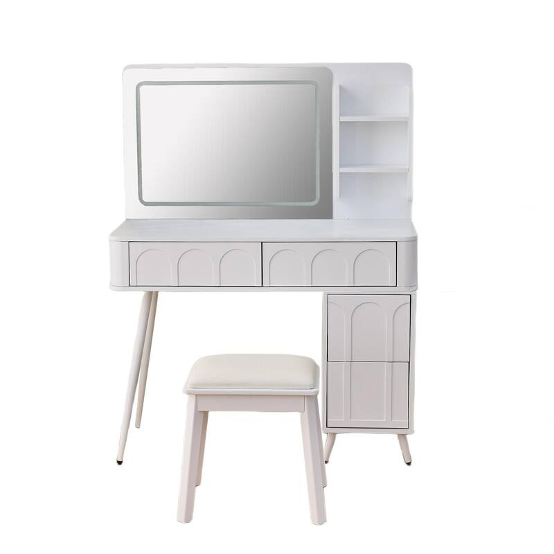Modern Makeup Vanity Desk with LED Lights & Mirror, Extendable Dressing Table Set with Stool, 4 Drawer & Side Cabinet