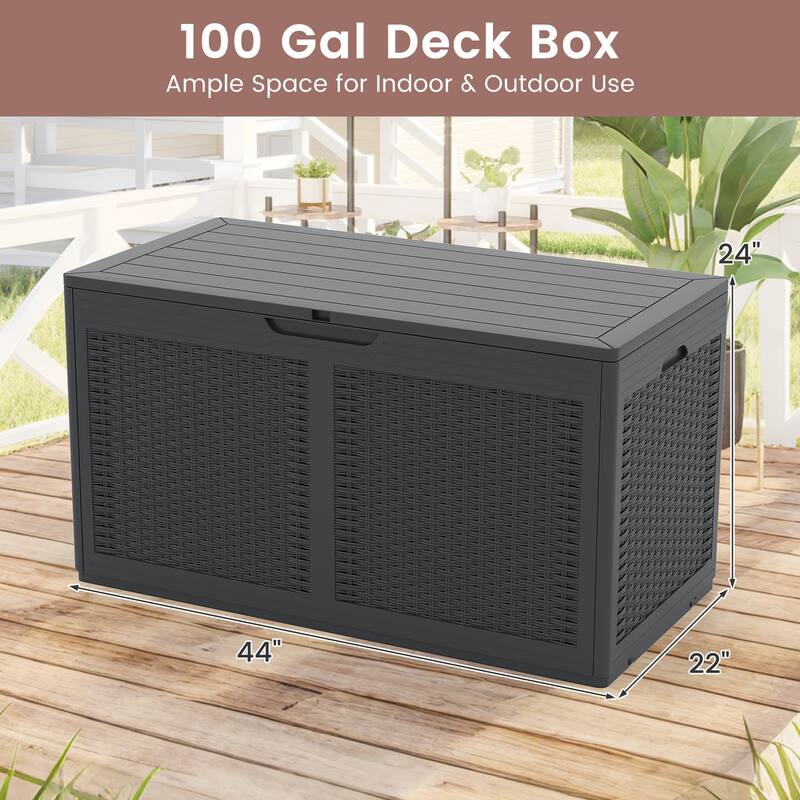 100 Gallon Outdoor Lockable Lid Deck Box with Wheels and Bench Seating for Patio Storage or Backyard Use