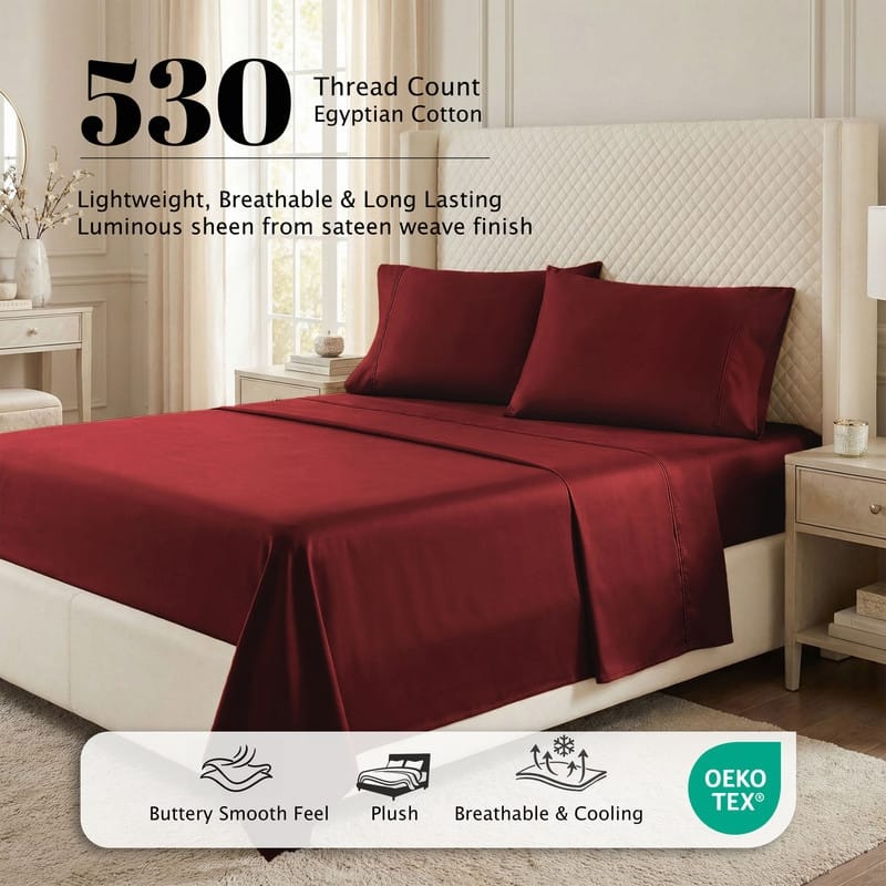 Superior Egyptian Cotton 530 TC Sheet Set Sateen Weave, Deep Pocket, Ultra‑Soft & Breathable Bedding