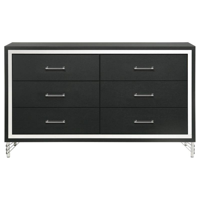 Jenny Wide Dresser, 6 Drawers and Chrome Accents, Modern Black Tone
