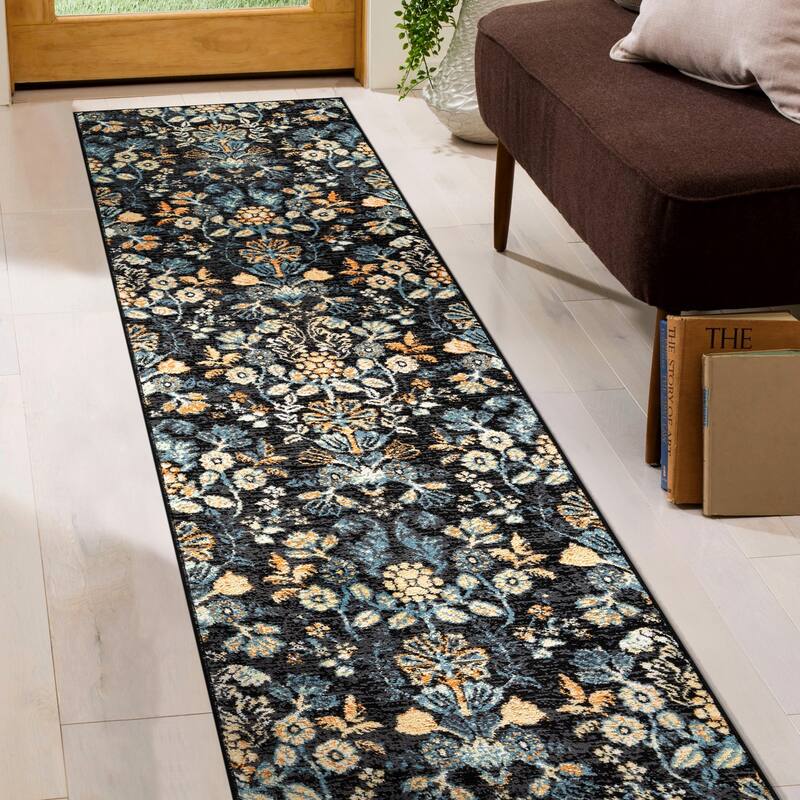 Black Multi Symmetrical Floral Stylish and Durable Area Rug - 2' 3" x 8'
