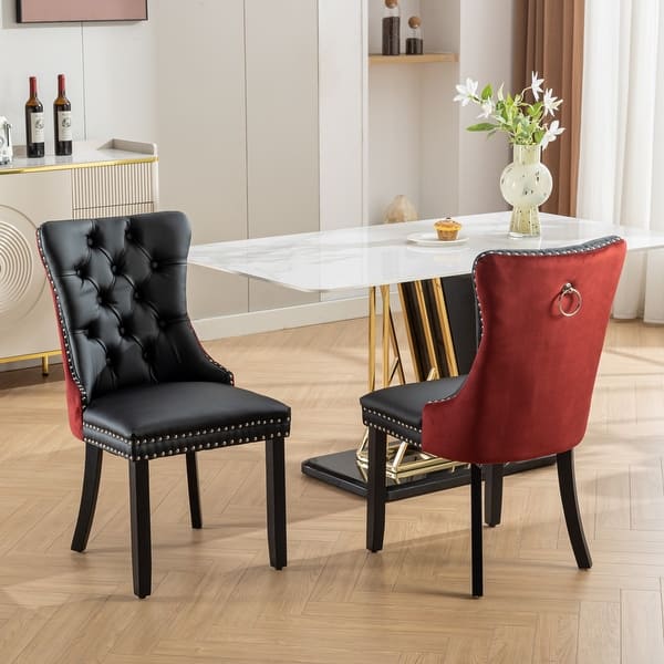 slide 2 of 15, GDFStudio - Nikki Modern Wood Upholstered Dining Chair with Tufted Back and Nailhead Trim, Set of 2 Black+Burgundy