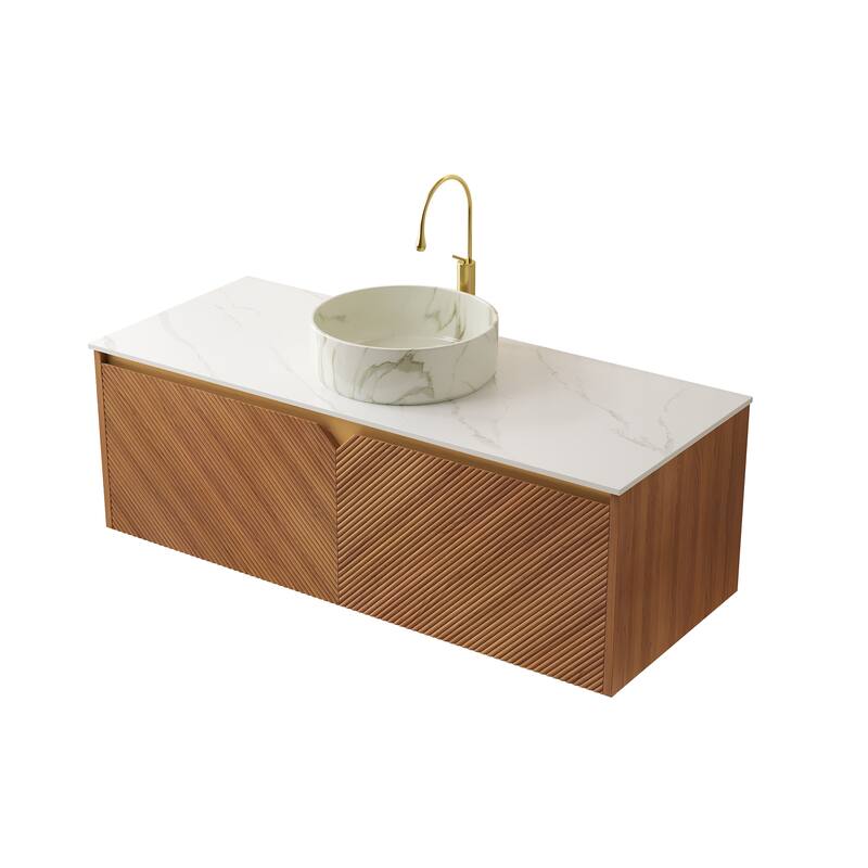 30"/36"/48" Floating Bathroom Vanity with Vessel Sink, Wall Mounted Sintered Stone Countertop Bathroom Storage Cabinet