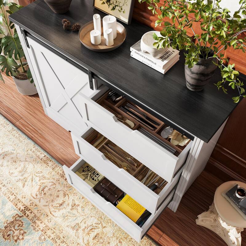 Farmhouse Sliding Barn Doors Sideboard Storage Cabinet with 3 Drawers, Dining Room Buffet Cabinet Dresser Bar Chest