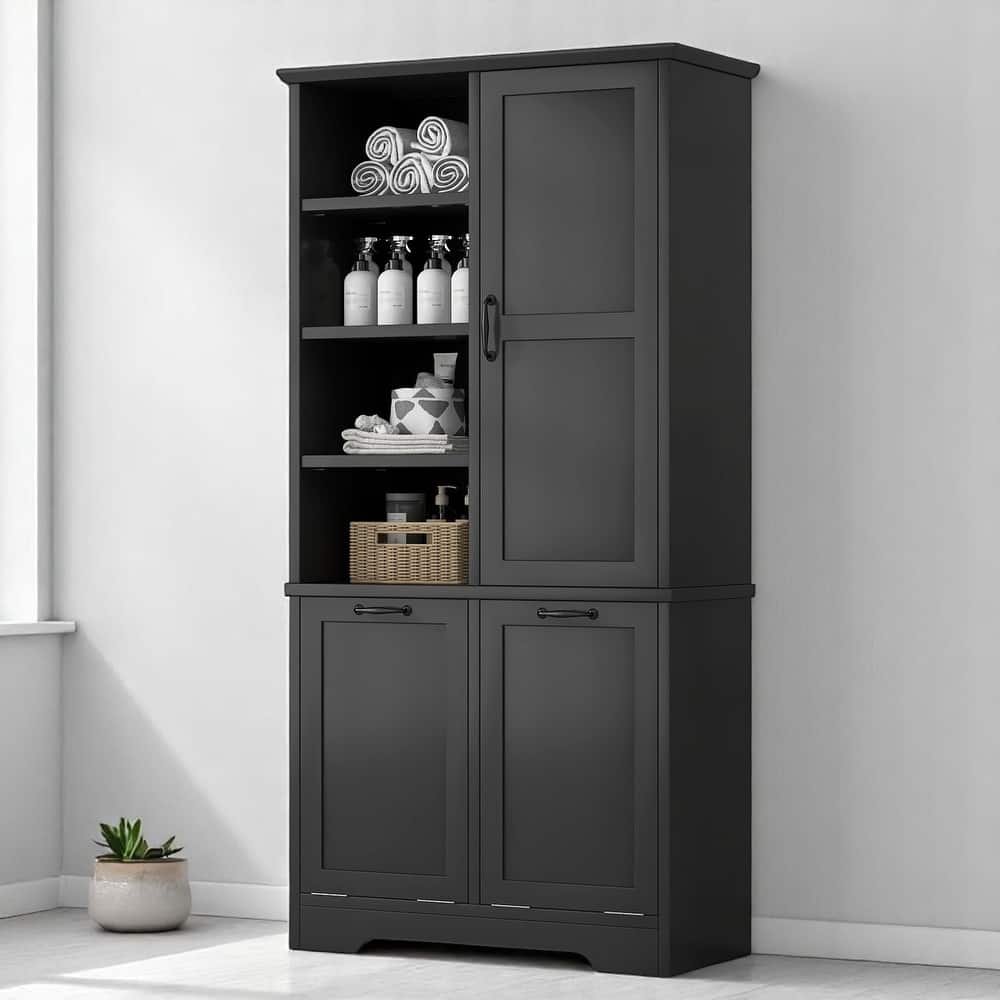 Bathroom Storage Cabinet with Tilt-Out Laundry Hampers, Adjustable Shelves & Door, Freestanding MDF Organizer