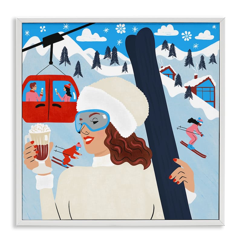 Stupell Sipping Cocoa on Ski Lift Framed Giclee Art Design By Carrie Cantwell - 17 x 17 - White