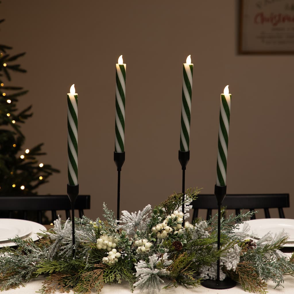 Candy Cane Striped Flickering Tapered Flameless Christmas Candles - 9.5" - Green and White - Set of 4