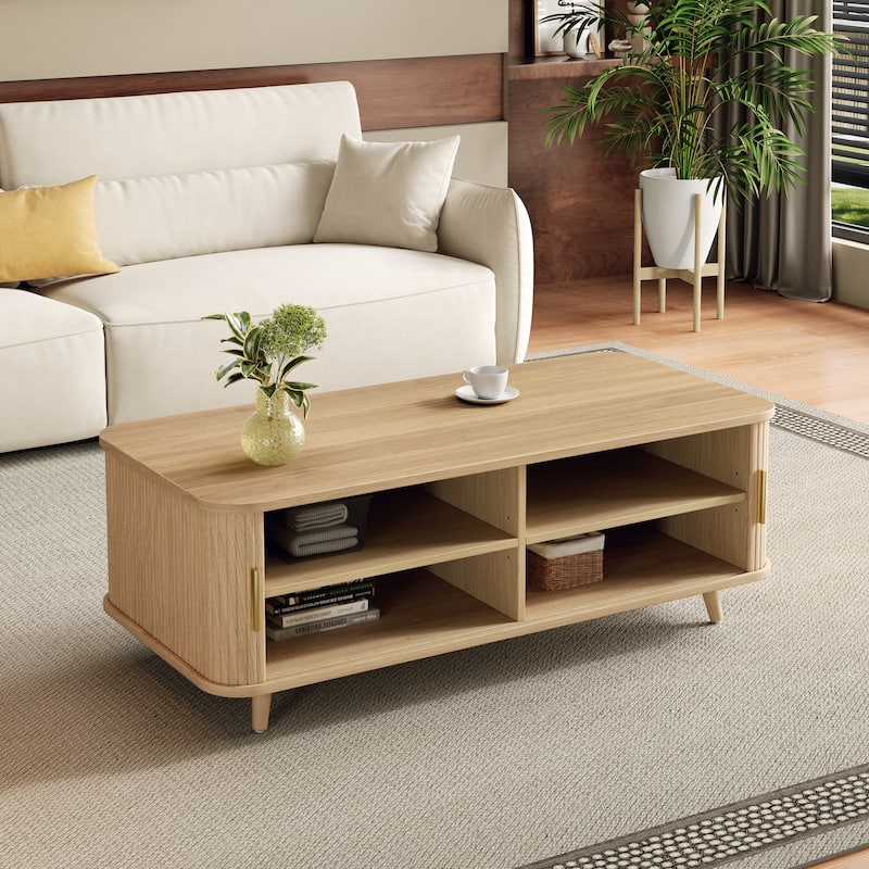 Aron Mid-Century Modern Coffee Table with Semi-Open Tambour Doors and 4 Hidden Storage Compartments, 47.24"