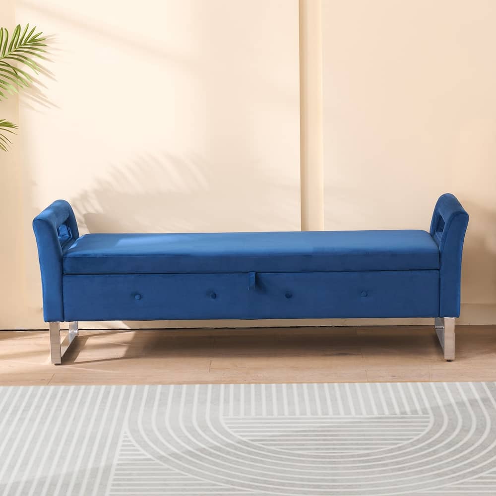 Storage Bench with Armrests, Velvet Upholstered End of Bed Bench, Entryway Bench with Hidden Storage Compartment