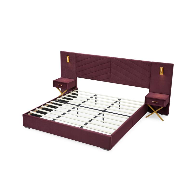 King Size Velvet Bed Frame with Vertical Channel Tufted Wingback Headboard, No Box Spring Needed, Easy Assembly