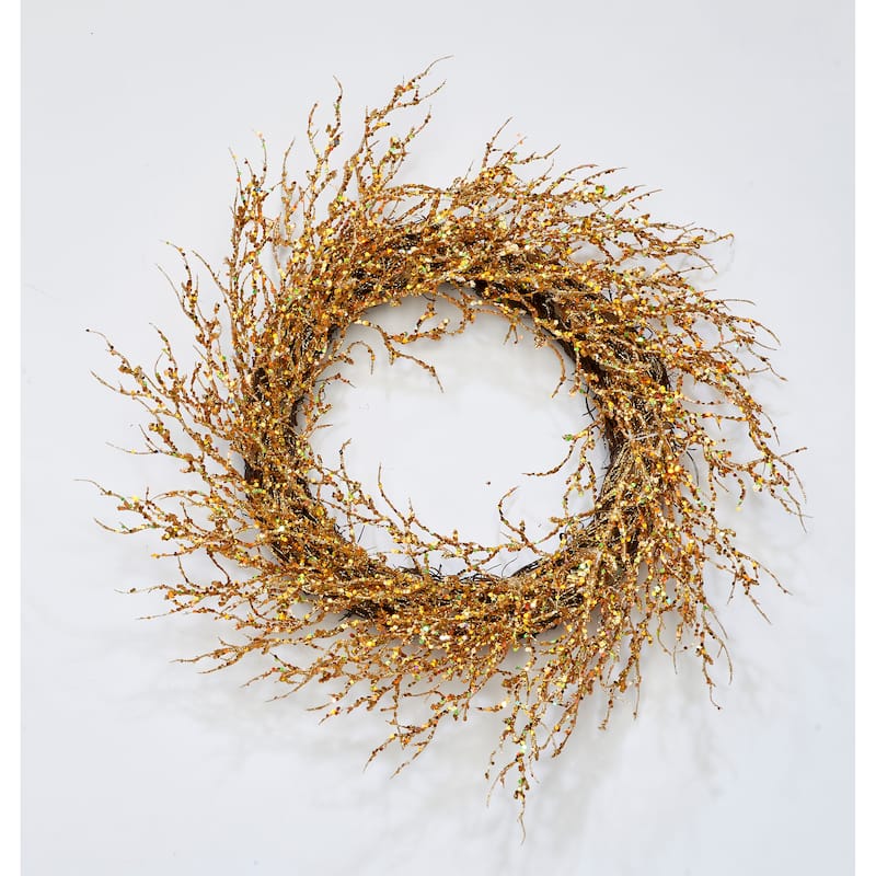 22" Glitter Coral Twig Wreath, Gold