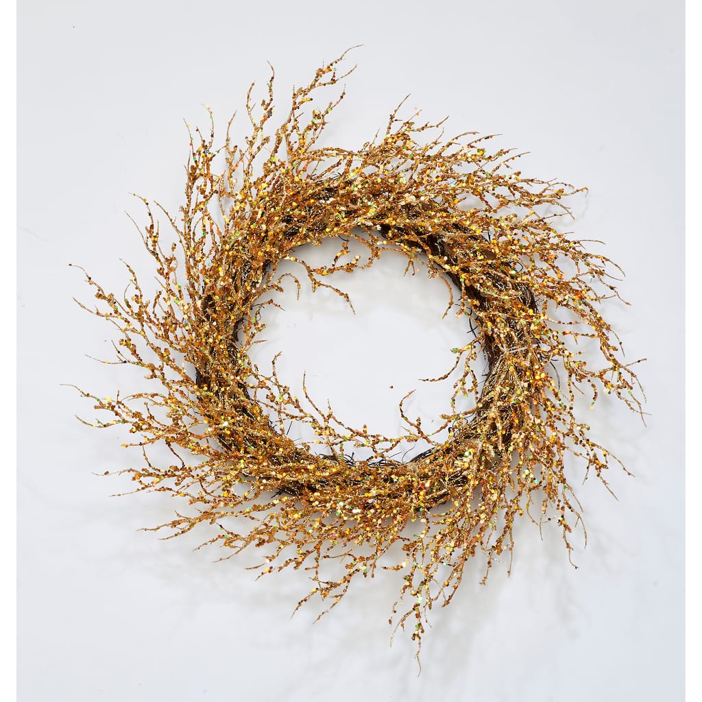 22" Glitter Coral Twig Wreath, Gold