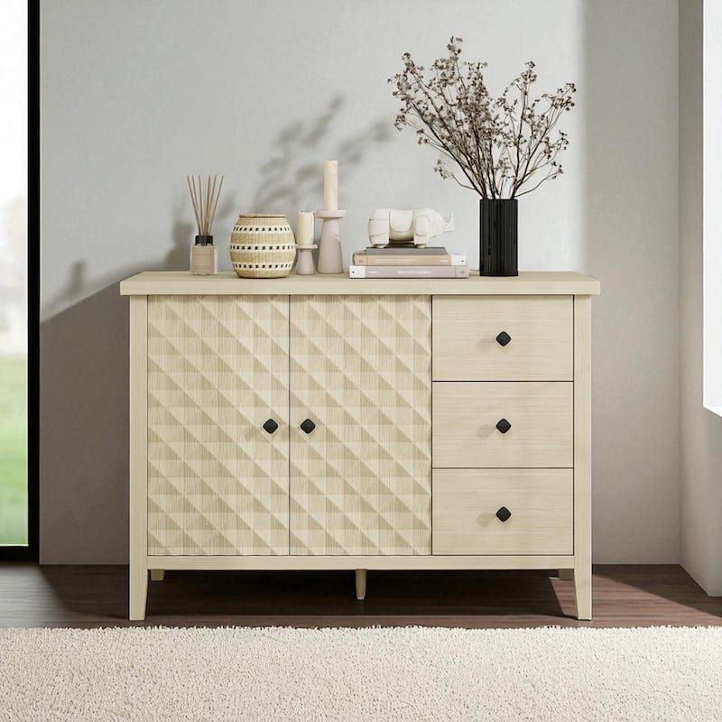 Modern 2-Door Sideboard Cabinet with 3 Drawers, Adjustable Shelf, Embossed Doors and Diamond Handles for Kitchen or Entryway - Natural