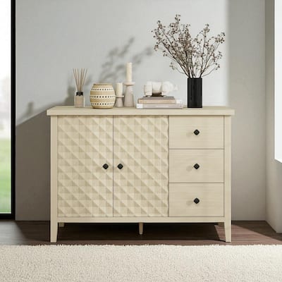 Modern 2-Door Sideboard Cabinet with 3 Drawers, Adjustable Shelf, Embossed Doors and Diamond Handles for Kitchen or Entryway