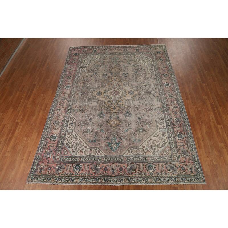 Brown Geometric Tabriz Persian Area Rug Hand-Knotted Wool Carpet - 8'2"x 11'1"