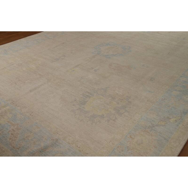Vegetable Dye Oushak Turkish Large Rug Hand-Knotted Beige Wool Carpet - 10'0"x 14'7"
